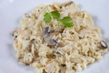 Bir tabak tavuk ve mantarlı pilav.