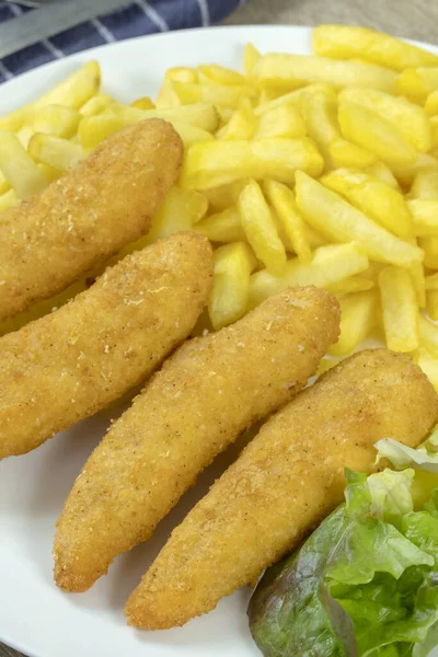 Plate Breaded Chicken Fillet Fries — Stock Photo, Image