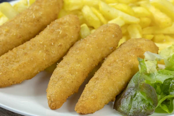 Plate Breaded Chicken Fillet Fries — Stock Photo, Image