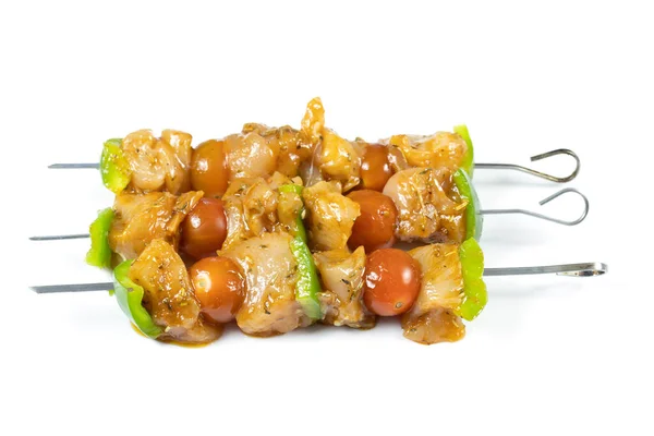 Chicken Skewers Raw Vegetables White Background — Stock Photo, Image