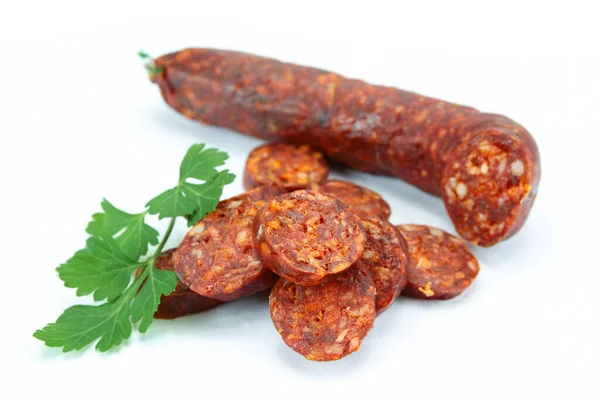 Chorizo Gesneden Witte Achtergrond — Stockfoto