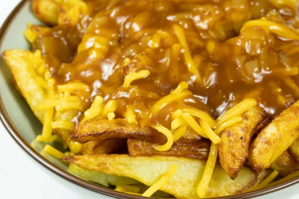 Canadese Schotel Poutine Friet Cheddar Bruine Saus — Stockfoto