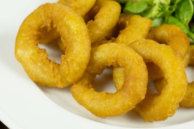 Bir tabak romaine usulü kalamar köftesi ve salata.