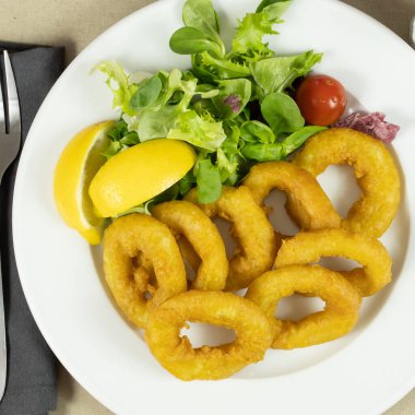 Bir tabak romaine usulü kalamar köftesi ve salata.