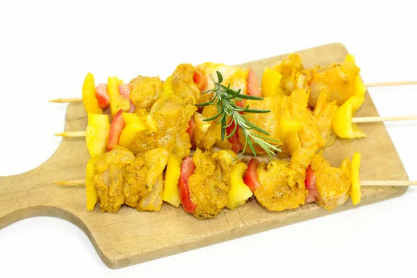 Raw Chicken Skewers Peppers White Background — Stock Photo, Image