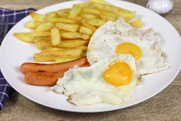 plate of fries, sausage and fried egg
