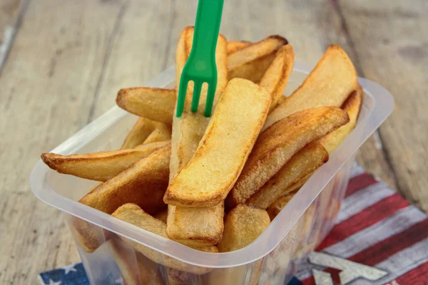 Bandeja Batatas Fritas Com Garfo — Fotografia de Stock