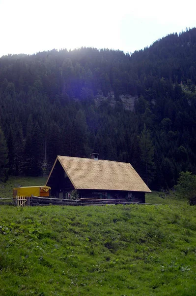 Cabaña Alpina Las Montañas Con Prado Verde Bosque Fondo — Foto de Stock