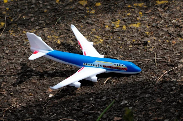 Blau Weißes Plastikspielzeugflugzeug Auf Einem Waldboden — Stockfoto