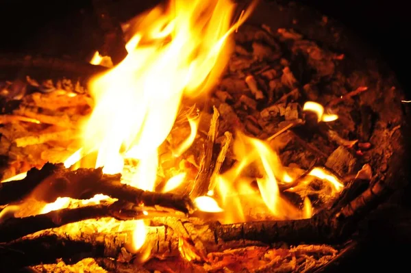 Flames Glow Campfire Night Burning Wooden Sticks — Stock Photo, Image