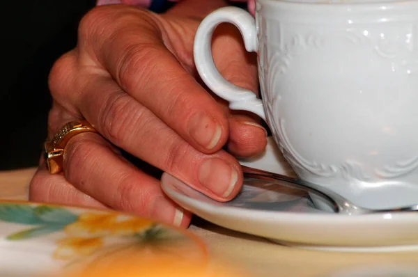 Une Tasse Café Avec Soucoupe Cuillère Sur Table — Photo