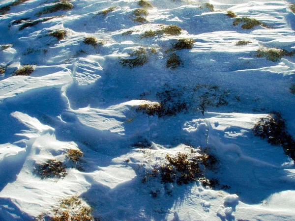 Kuperat Landskap Täckt Snö Kall Vinterdag — Stockfoto