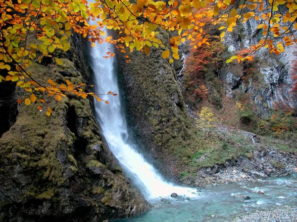 Vodopád Lese Podzim Stromy Barevnými Listy — Stock fotografie