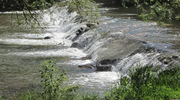 Krajobraz Rzeki Małym Wodospadem Drzewami Brzegu Rzeki — Zdjęcie stockowe