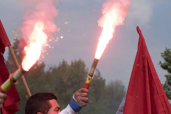 Bengale Illuminé Lors Rassemblement Protestation Les Gens Sur Une Manifestation — Photo