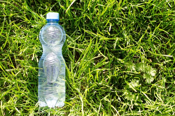 Water bottle in the grass. Transparent plastic water bottle in the grass with sunbeams. The rays of the sun shine on a water bottle.