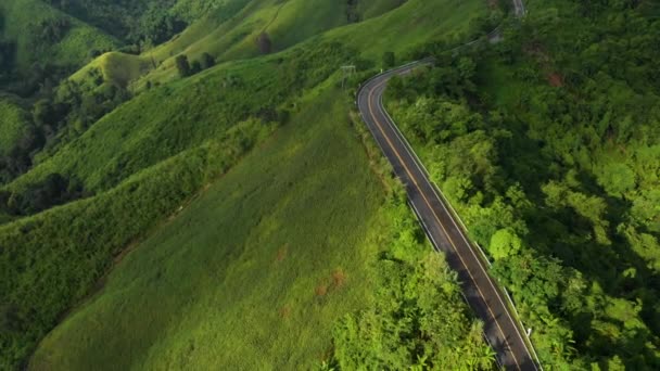 Hava Aracı Dağın Tepesindeki Gökyüzü Yolunu Dağ Yolunu Yeşil Ormanı — Stok video