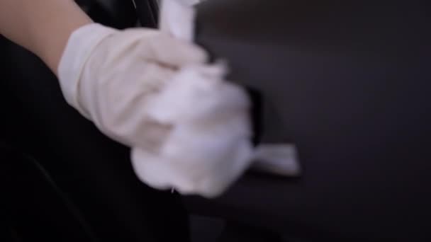 Female Cleaner Wear White Gloves Cleaning Car Door Handle Prevent — Stock Video