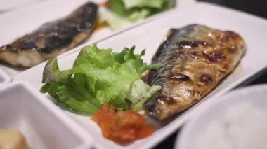 4K beyaz tabakta ızgara balık uskumrusu, Japon yemek menüsü, Asya mutfağı, ev yemeği, vitamin omega 3, floresan ışığı, siyah masa, yeşil sebze, sol slayt
