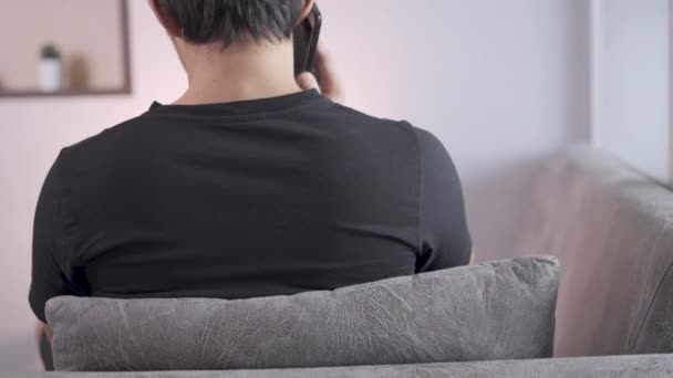 Rear View Asian Young Man Using Cellphone Making Phone Call — Stock Video