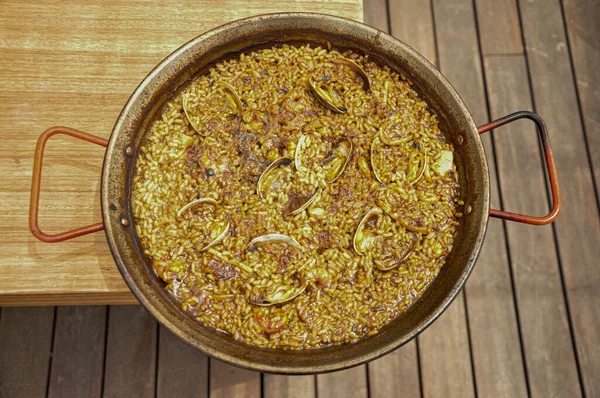 Paella Espanhola Com Arroz Peixe — Fotografia de Stock