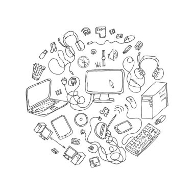 elle çizilmiş bir dizi elektronik gadge doodles