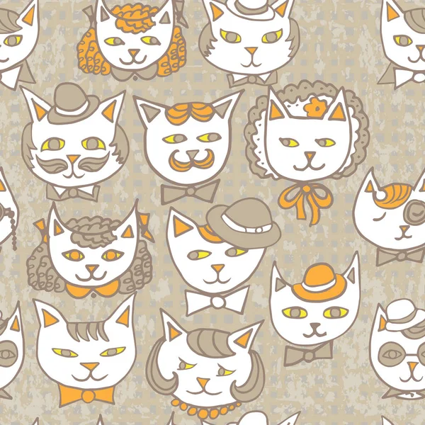 Cute cats retro portraits seamless pattern. — Stock Vector