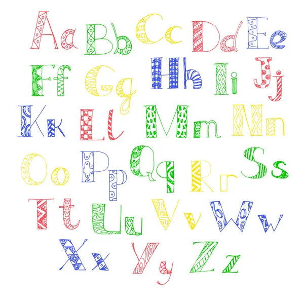 Kolorowe ręcznie rysowane doodle alfabet. — Wektor stockowy