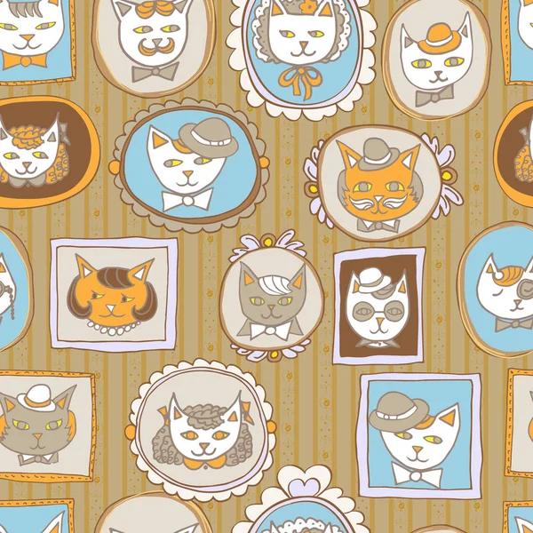 Cute cats retro portraits seamless pattern. vintage vector pets  background — Stock Vector