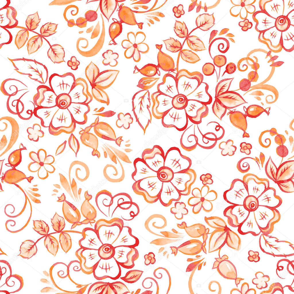 Floral Watercolor seamless pattern in Russian Gzhel Style.