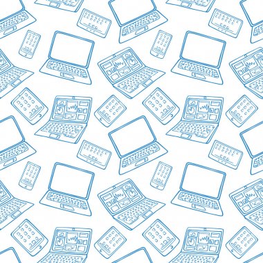 elle çizilmiş vektör seamless modeli elektronik becerikli alet doodles. Dizüstü, bilgisayar, telefon, Tablet