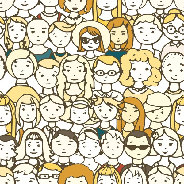 Patrón sin costuras de personas dibujadas a mano caras. Ilustración vectorial de multitud de personas — Vector de stock