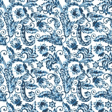 Rus Gzhel stilinde çiçeksiz desen. Vektör illüstrasyonu