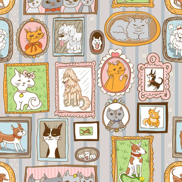 Χαριτωμένες γάτες και τα σκυλιά ρετρό πορτρέτα αδιάλειπτη μοτίβο. κατοικίδια ζώα διάνυσμα φόντο — Διανυσματικό Αρχείο