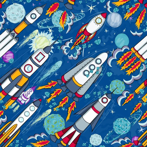 Hand drawn cartoon space seamless pattern. rockets,  planets and stars — Stock Vector