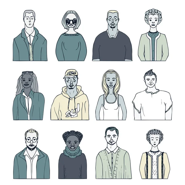 Conjunto de mão desenhado doodle pessoas. retratos engraçados . —  Vetores de Stock