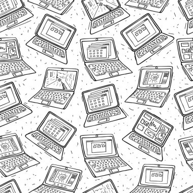Dizüstü bilgisayarın kusursuz vektör deseni. El çizimi dizüstü bilgisayar