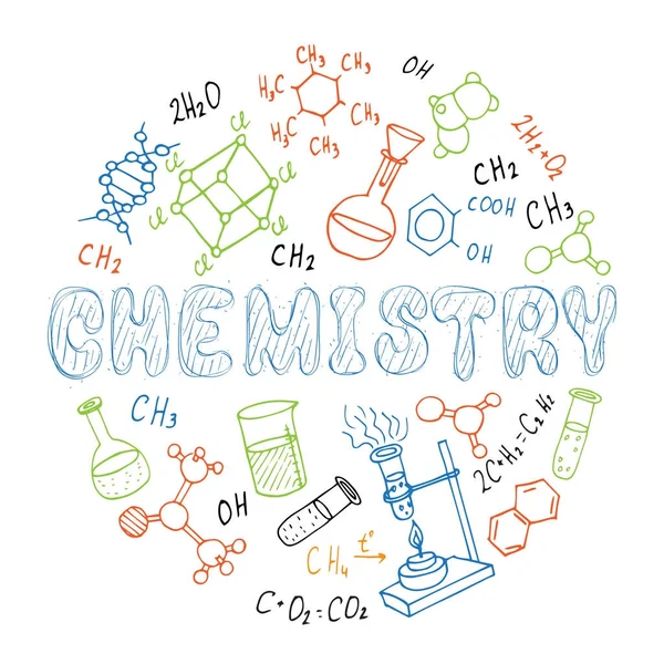 Sada ručně kreslenou chemie čmáranice ve tvaru kruhu. vektorové ilustrace — Stockový vektor