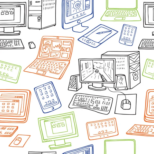 Een vector naadloze patroon van hand getrokken doodles van elektronische gadgets. — Stockvector