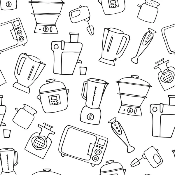 Vários aparelhos de cozinha. eletrodomésticos desenhados à mão doodles padrão sem costura — Vetor de Stock