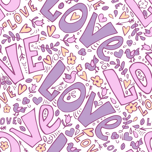 Hand Drawn Word Love Cute Doodles Seamless Vector Illustration — Stock Vector