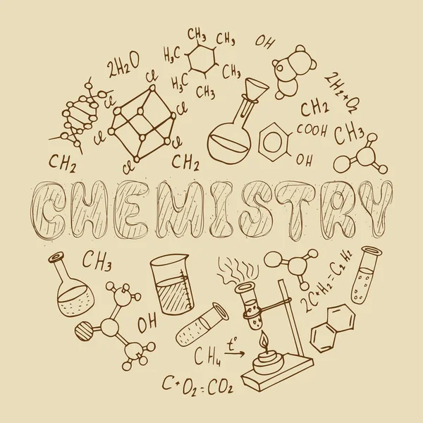 Reihe handgezeichneter Chemie-Doodles, die im Kreis geformt sind. Vektorillustration — Stockvektor