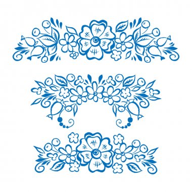 Rus Halk tarzında elle çizilmiş çiçek öğeleri kümesi.