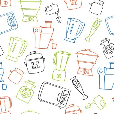 çeşitli mutfak aletleri. Elle çizilmiş ev aletleri, pürüzsüz desenler çizer.