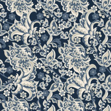 Etnik çiçeklerle kusursuz bir düzen. Asya tekstil tarzında Vektör Çiçek İllüstrasyonu