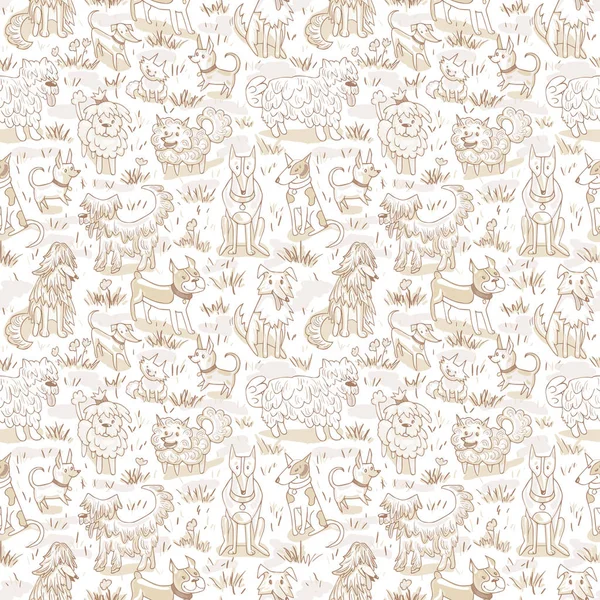 Mignon motif de chiens. Illustration vectorielle sans couture avec bulldog, bobtail, teckel, bullterrier, doberman, spitz, chihuahua — Image vectorielle