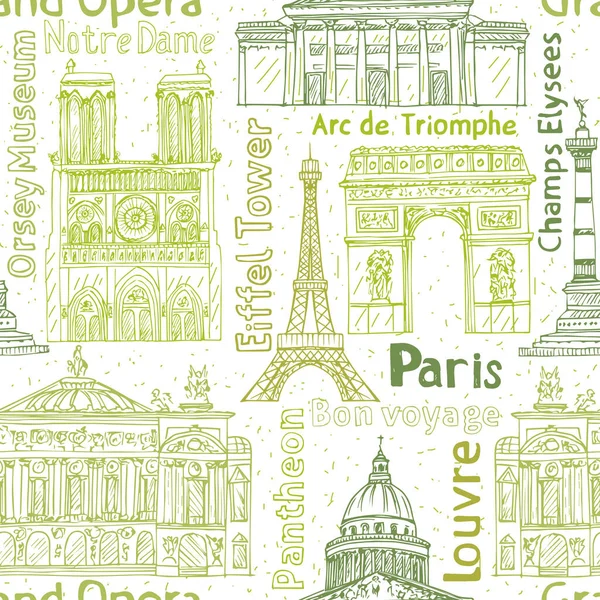 パリのランドマークシームレスベクトルパターン。手描きエッフェル塔,ノートルダム大聖堂,凱旋門, — ストックベクタ