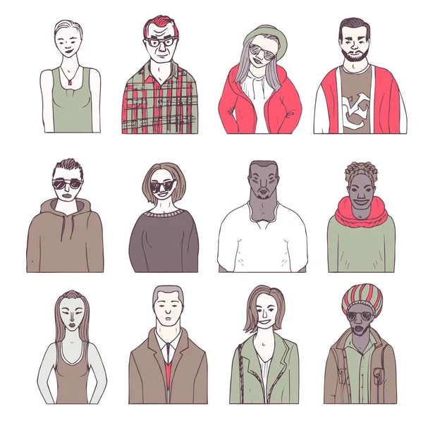Serie Persone Scarabocchiate Disegnate Mano Ritratti Divertenti Avatar Vettoriale — Vettoriale Stock