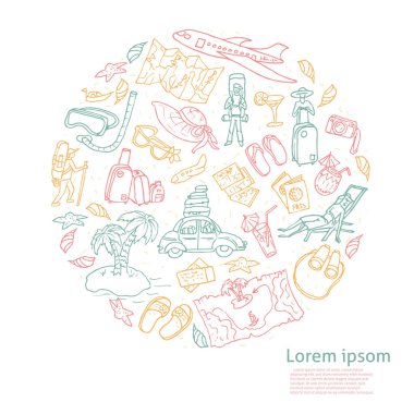 Seyahat el çizimi ögeleri olan metniniz için vektör şablonu