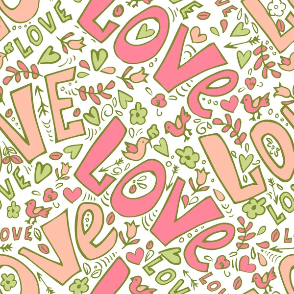 手描きの単語の愛とかわいいドールズシームレスなベクトルイラスト — ストックベクタ